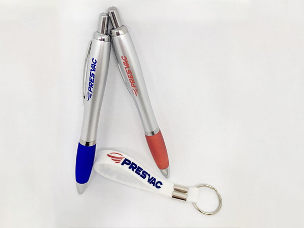 Blue & Red Pens, And White Lanyard Outfitted With PresVac logo